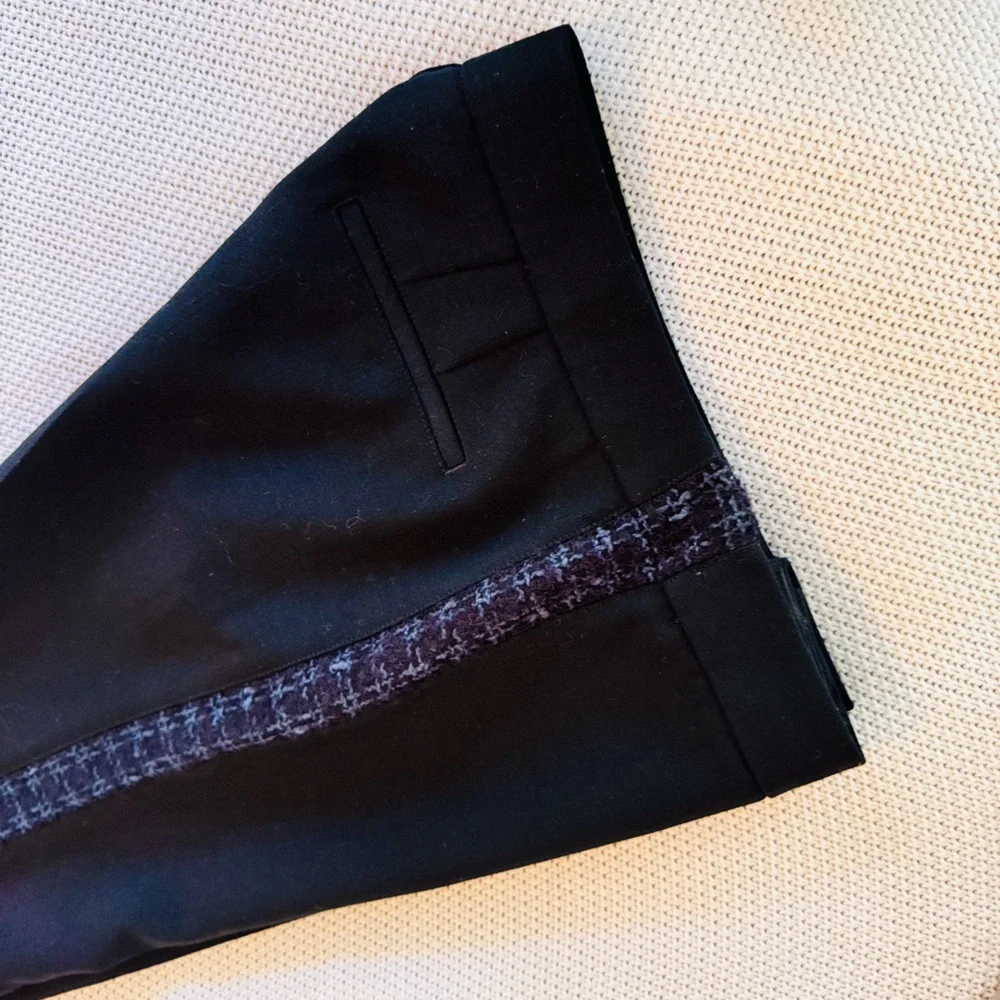 TORY BURCH Tobie Black Trousers Straight Leg Pants Blue Wool Tweed Side Stripe - Picture 15 of 16